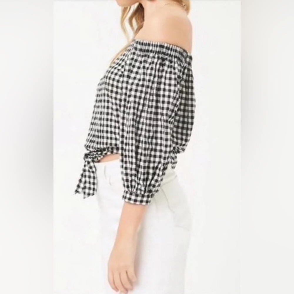 Forever 21 Cropped Buffalo Check Peasant Top w/Tie Front-Size Medium (NWT) - Picture 2 of 9
